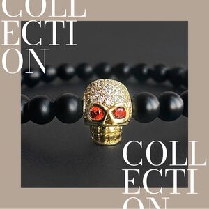 Matte Onyx Gemstone With Gold Zircon Skull Charm